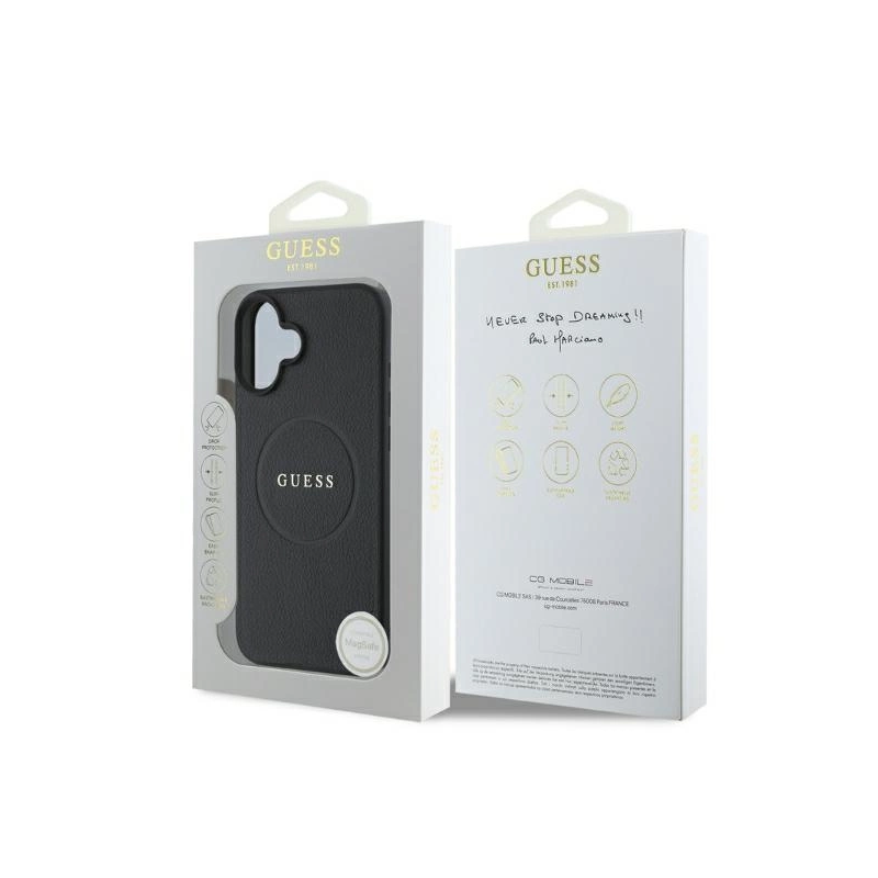 Guess Grained Gold Ring MagSafe dėklas iPhone 16 - juodas