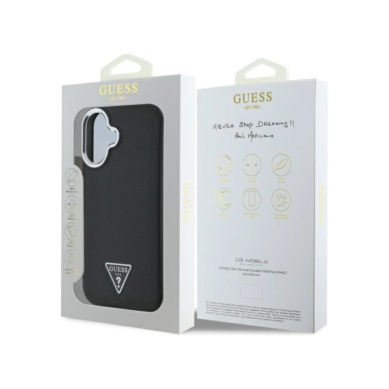 Guess Grained Triangle MagSafe dėklas iPhone 16 - juodas