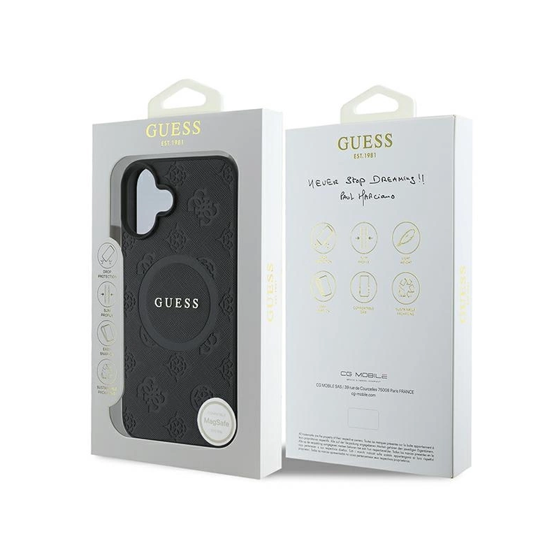 Guess Saffiano Peony Classic Logo MagSafe dėklas iPhone 16 - juodas