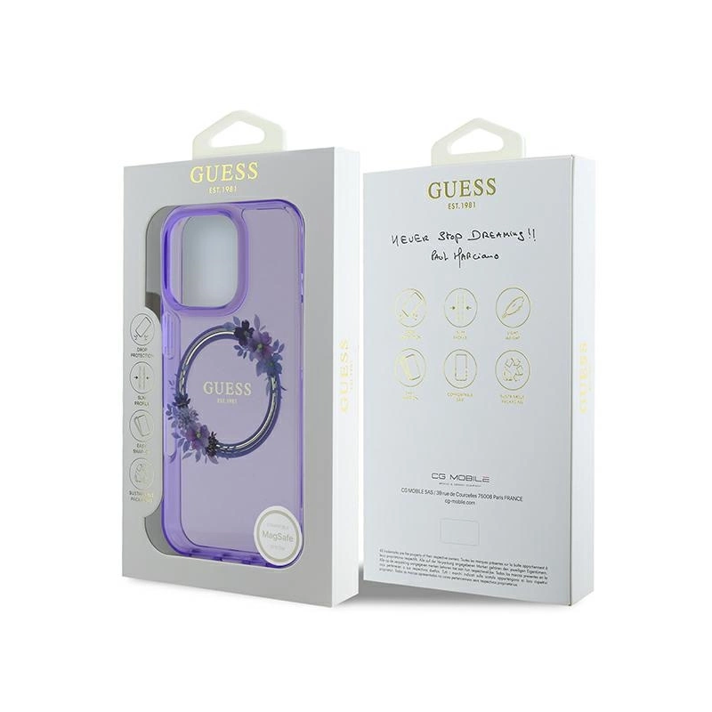 Guess IML Gėlių vainikas MagSafe iPhone 16 Pro Max dėklas – violetinis