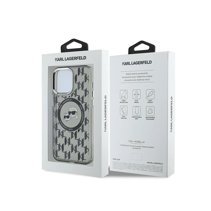 Karl Lagerfeld IML monograma Karl &amp; Choupette Head MagSafe iPhone 15 Pro dėklas – juodas