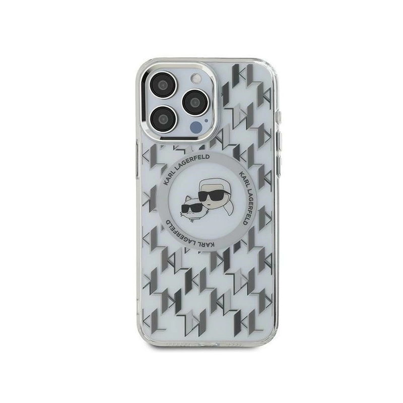 Karl Lagerfeld IML monograma Karl &amp; Choupette Head MagSafe iPhone 15 dėklas – skaidrus