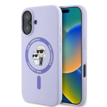 Karl Lagerfeld silikoninis Karl&amp;Choupette žiedas MagSafe iPhone 16 dėklas – violetinis