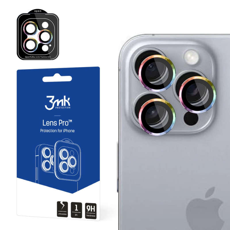 3mk Lens Protection Pro kameros dangtelis su vaivorykštės rėmeliu, skirtas iPhone 16 Pro / 16 Pro Max