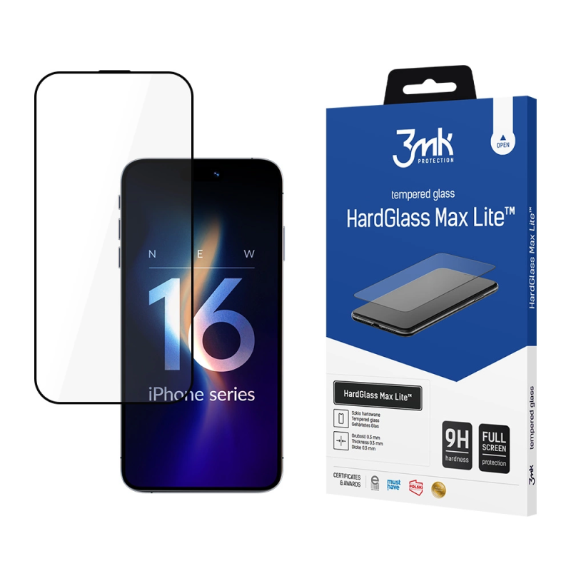 3mk HardGlass Max Lite grūdintas stiklas su juodu rėmeliu, skirtas iPhone 16 Pro