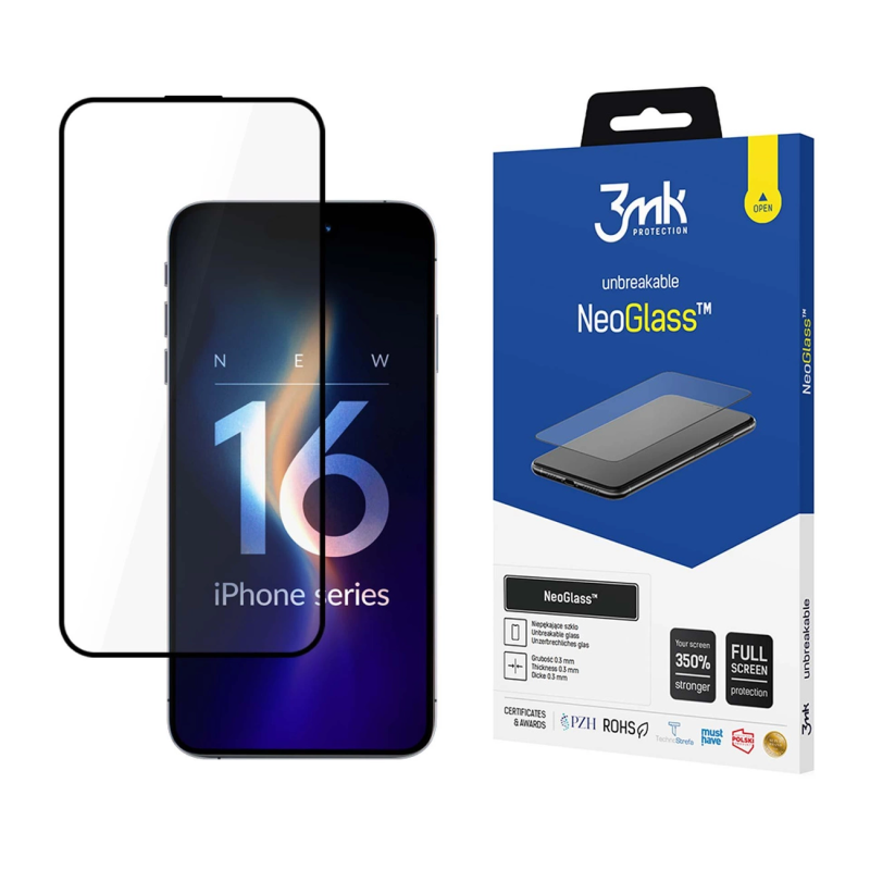 3mk NeoGlass grūdintas stiklas su juodu rėmeliu, skirtas iPhone 16 Pro Max