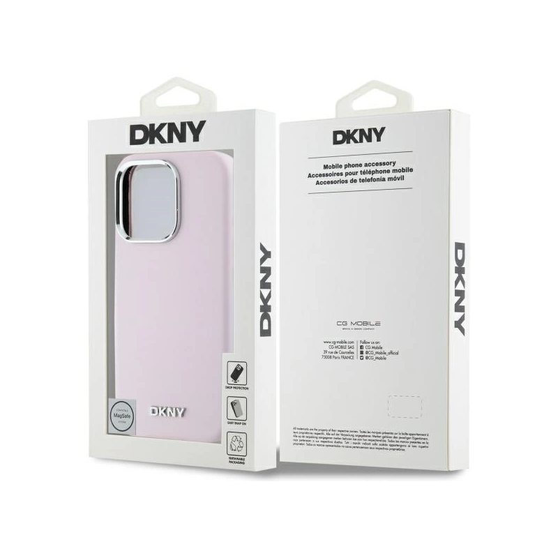 DKNY skysto silikono mažas metalinis logotipas MagSafe iPhone 16 Pro Max dėklas – rožinis