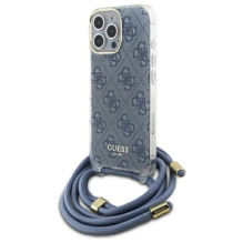 Guess Crossbody Cord 4G spausdinimo dėklas su dirželiu, skirtas iPhone 16 Pro – mėlynas