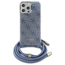 Guess Crossbody Cord 4G spausdinimo dėklas su dirželiu, skirtas iPhone 16 Pro – mėlynas