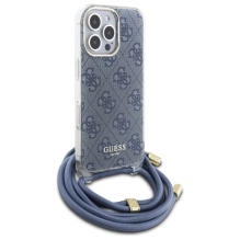 Guess Crossbody Cord 4G spausdinimo dėklas su dirželiu, skirtas iPhone 16 Pro – mėlynas