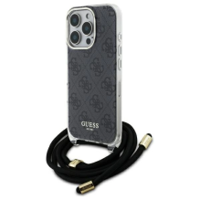 Guess Crossbody Cord 4G spausdinimo dėklas su dirželiu, skirtas iPhone 16 Pro – juodas