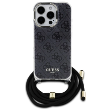 Guess Crossbody Cord 4G spausdinimo dėklas su dirželiu, skirtas iPhone 16 Pro – juodas