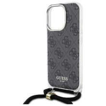 Guess Crossbody Cord 4G spausdinimo dėklas su dirželiu, skirtas iPhone 16 Pro – juodas