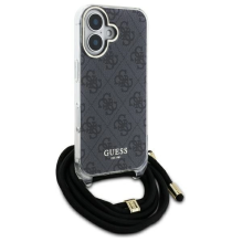 Guess Crossbody Cord 4G spausdinimo dėklas su dirželiu, skirtas iPhone 16 Pro – juodas