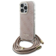 Guess Crossbody Cord 4G spausdinimo dėklas su dirželiu, skirtas iPhone 16 Pro – rožinis