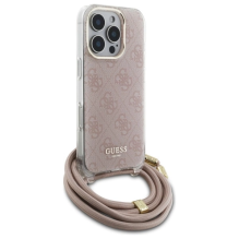 Guess Crossbody Cord 4G spausdinimo dėklas su dirželiu, skirtas iPhone 16 Pro – rožinis