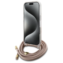 Guess Crossbody Cord 4G spausdinimo dėklas su dirželiu, skirtas iPhone 16 Pro – rožinis