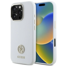 Guess Silicone Logo Strass 4G dėklas, skirtas iPhone 16 Pro – baltas