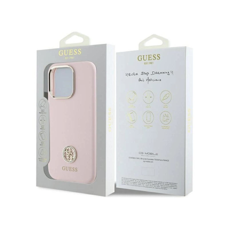 Guess Silicone Logo Strass 4G dėklas iPhone 16 Pro - šviesiai rožinis