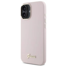 Guess Silicone Script Metal Logo &amp; Frame iPhone 16 Plus Case - Pink