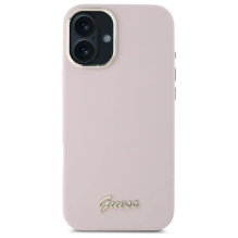 Guess Silicone Script Metal Logo &amp; Frame iPhone 16 Plus Case - Pink