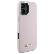 Guess Silicone Script Metal Logo &amp; Frame iPhone 16 Plus Case - Pink