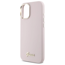 Guess Silicone Script Metal Logo &amp; Frame iPhone 16 Plus Case - Pink