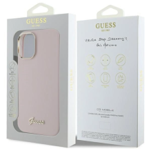 Guess Silicone Script metalinis logotipas ir rėmelis iPhone 16 Plus dėklas – rožinis