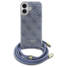 Guess Crossbody Cord 4G spausdinimo dėklas su dirželiu, skirtas iPhone 16 – mėlynas