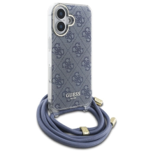 Guess Crossbody Cord 4G spausdinimo dėklas su dirželiu, skirtas iPhone 16 – mėlynas