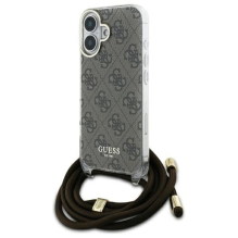 Guess Crossbody Cord 4G spausdinimo dėklas su dirželiu, skirtas iPhone 16 – rudas