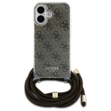 Guess Crossbody Cord 4G spausdinimo dėklas su dirželiu, skirtas iPhone 16 – rudas