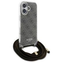 Guess Crossbody Cord 4G spausdinimo dėklas su dirželiu, skirtas iPhone 16 – rudas