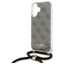 Guess Crossbody Cord 4G spausdinimo dėklas su dirželiu, skirtas iPhone 16 – rudas