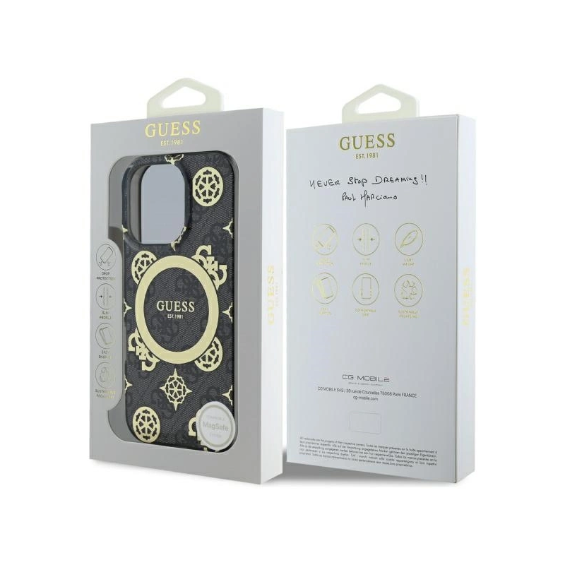 Guess IML Peony On 4G Background MagSafe dėklas iPhone 16 Pro - juodas