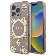 Guess IML Peony 4G fone MagSafe dėklas, skirtas iPhone 16 Pro – rožinis