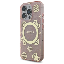 Guess IML Peony 4G fone MagSafe dėklas, skirtas iPhone 16 Pro – rožinis