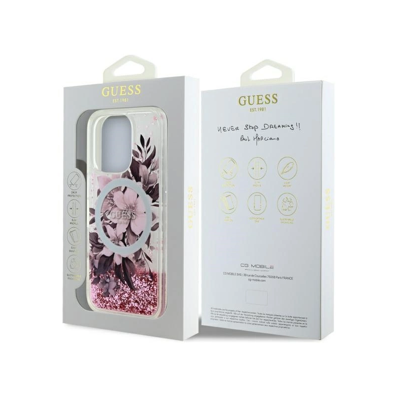 Guess Liquid Glitter Flower MagSafe iPhone 16 Pro dėklas – rožinis