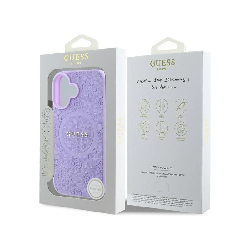 Guess Saffiano Peony Classic Logo MagSafena iPhone 16 Plus dėklas – violetinis