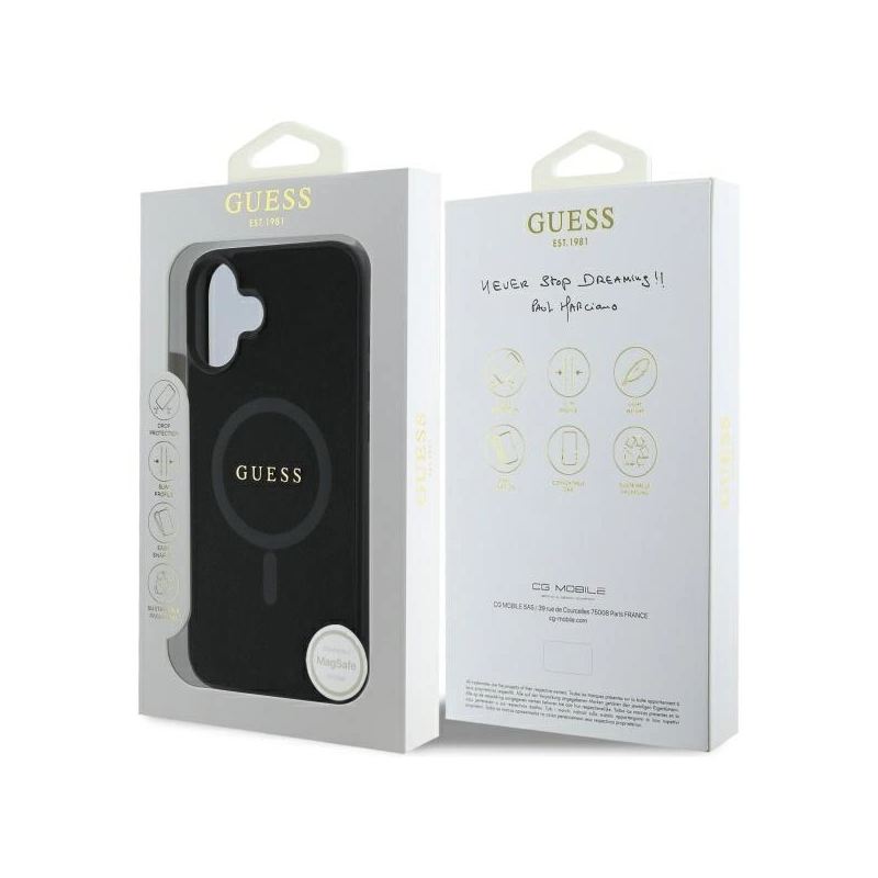 Guess Saffiano Classic Logo MagSafe dėklas iPhone 16 - juodas