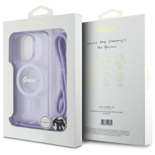 Guess Crossbody Cord Script MagSafe dėklas, skirtas iPhone 16 Pro Max – violetinis