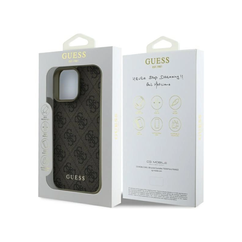 Guess 4G Charms Collection dėklas, skirtas iPhone 16 Pro - rudas