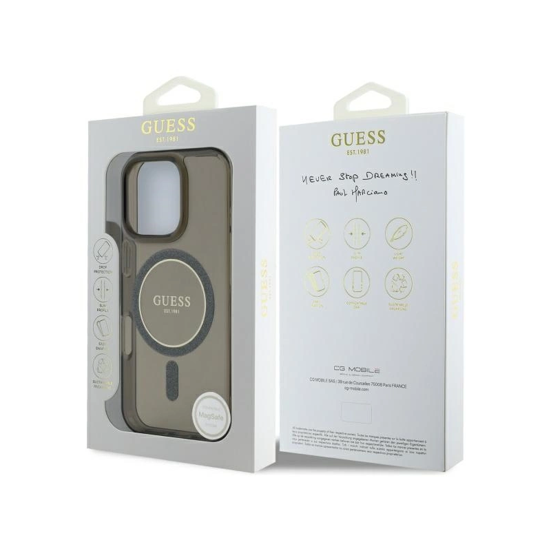 Guess IML Glitter Circle MagSafe dėklas iPhone 16 Pro - juodas