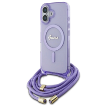 Guess Crossbody Cord Script MagSafe iPhone 16 dėklas – violetinis