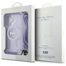 Guess Crossbody Cord Script MagSafe iPhone 16 dėklas – violetinis