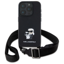 Karl Lagerfeld Saffiano Karl&amp;Choupette Metal Pin CBDY dirželis iPhone 16 Pro dėklas – juodas