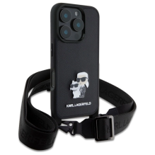 Karl Lagerfeld Saffiano Karl&amp;Choupette Metal Pin CBDY dirželis iPhone 16 Pro dėklas – juodas