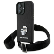 Karl Lagerfeld Saffiano Karl&amp;Choupette Metal Pin CBDY Strap iPhone 16 Case - Black