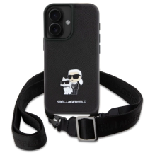 Karl Lagerfeld Saffiano Karl&amp;Choupette Metal Pin CBDY Strap iPhone 16 Case - Black