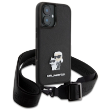 Karl Lagerfeld Saffiano Karl&amp;Choupette Metal Pin CBDY Strap iPhone 16 Case - Black